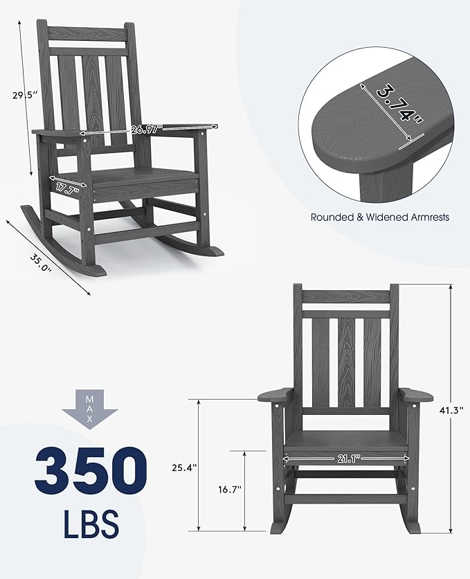 KINGYES Oversized Outdoor Rocking Chair Set of 2, All-Weather Patio Rocking Chairs for Porch, HDPE Outdoor Patio Rockers with High Back & Wide Seat for Garden, Lawn, Gray