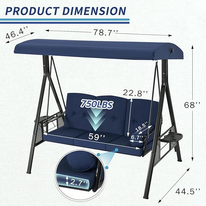 AECOJOY Outdoor Porch Swing, 3-Seat Porch Swing with Adjustable Canopy, Outdoor Swings for Adult with Dark Blue Removable Cushions for Backyard, Garden, Yard, Poolside, Balcony