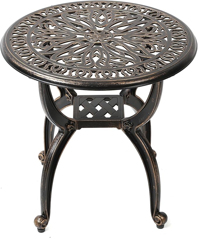 C/G Cast Aluminum Side Table,Decorative Outdoor End Table, Ornate Floral Pattern (Round, Copper)