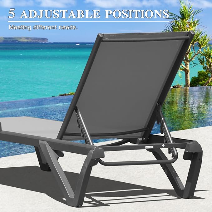 Domi Pool Lounge Chairs Set of 2 with Side Table, Aluminum Outdoor Chaise Lounge with Wheels, All Weather Outdoor Lounge Chair for Deck Lawn Patio Backyard, Textilene- Gray