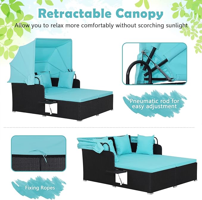 ORALNER Outdoor Daybed, 2-Person Wicker Patio Sofa with Retractable Canopy, Cushions & Pillows, 2 Side Trays, PE Rattan Double Sunbed Lounger for Deck Poolside Backyard Garden Balcony (Turquoise)