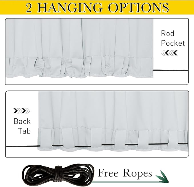 NICETOWN 2 Panels Outdoor Curtains for Patio Waterproof & Windproof, Grommet & Back Tab on Top & Bottom Weighted Drapes Keep Sun/Rain Out with Bouns Rope for Pergola, Greyish White, W66 x L84
