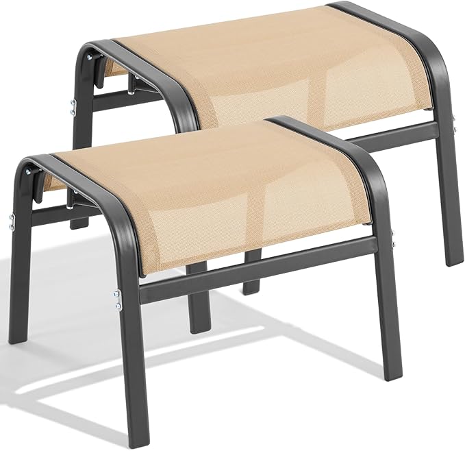 ONBRILL Outdoor Ottoman Set of 2, All Weather Outdoor Foot Stool with Supportive Textliene and Metal Frame, Stackable Oversized Outdoor Foot Rest for Furniture Patio Garden Pool, Beige