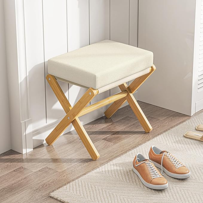 Foldable Foot Stool Ottoman, Modern Foot Rest with Bamboo X Legs & Thick Foam Cushion, Folding Foot Stools Small Padded for Bedroom Living Room, Footstool for Chair Couch (Natural - Beige)