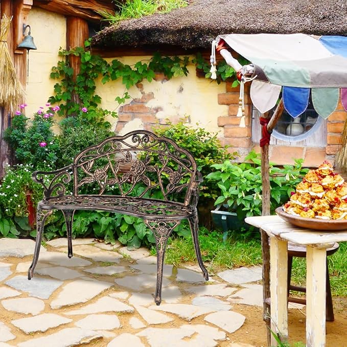 38.5" Outdoor Garden Bench, Patio Furniture Cast Aluminum Outdoor Bench with Rose Backrest, Weather Proof Patio Park Chair with Antique Style for Park, Porch, Pool, Backyard
