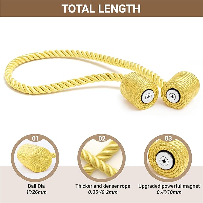 Hion Magnetic Curtain Tiebacks Golden 4 Pack, Curtain Tiebacks Buckles Holdbacks Holders Hooks Clip for Home Bedroom Office Decorative Thick or Thin Curtain