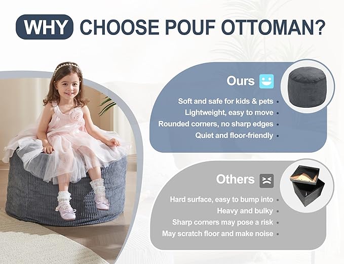Pouf Ottoman Foot Stools with Foam Small Ottoman for Living Room Corduroy Ottomans Pouf 26x18in Foot Rest for Chair Blue Hassocks and Ottomans