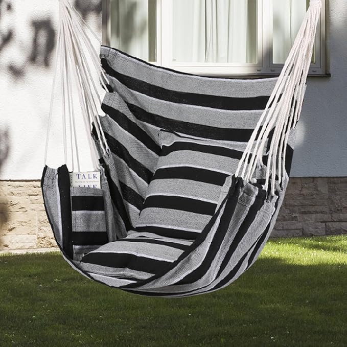 Goutime Hammock Chair, Boho Hanging Rope Ceiling Swing, Macrame Hanging Swinging Chair for Indoor,Outdoor,Bedroom,Outside,Garden,Balcony,Yard,Deck,Max 330 Lbs (Gray Stripe)