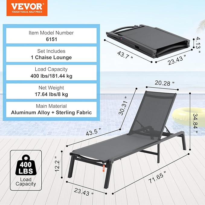 VEVOR Chaise Lounge Chair Outdoor, Aluminum Patio Lounge Chairs with Adjustable 5-Position, Folding Pool Chair Recliner and Full Flat Tanning Chairs for Patio, Beach, Pool, Dark Grey