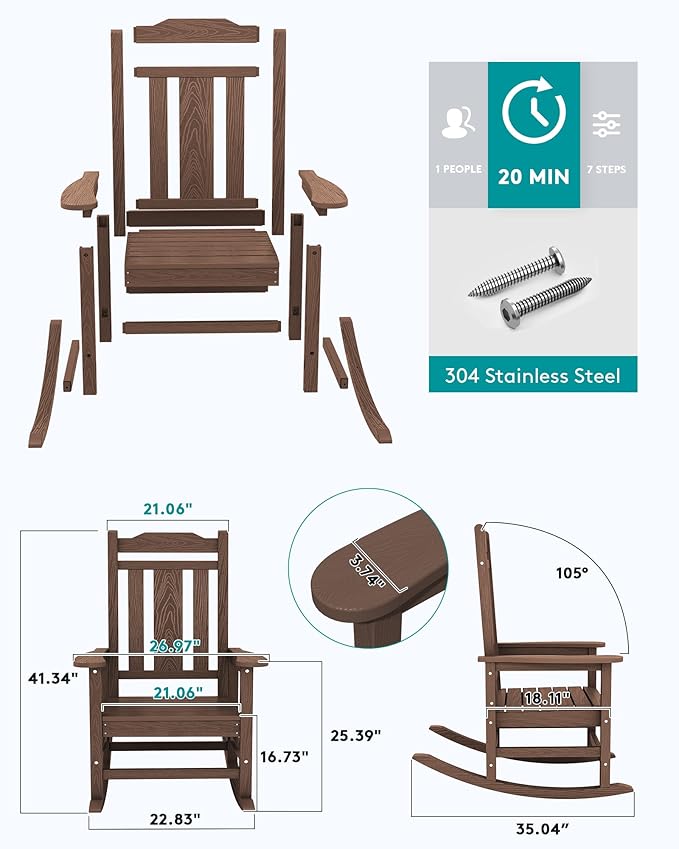 SERWALL Oversized Rocking Chair Outdoor, HDPE Outdoor Rocking Chair, Coffee