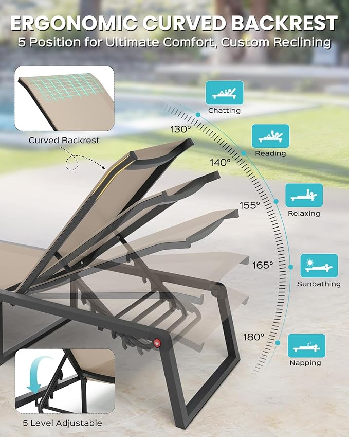 Aluminum Chaise Lounge Outdoor Set of 2, Foldable & No Assembly Patio Pool Lounge Chairs 5-Position Recliner for Outside Poolside, Fully Grounded Legs Sun Lounger for Pool, Beach, Yard, Khaki