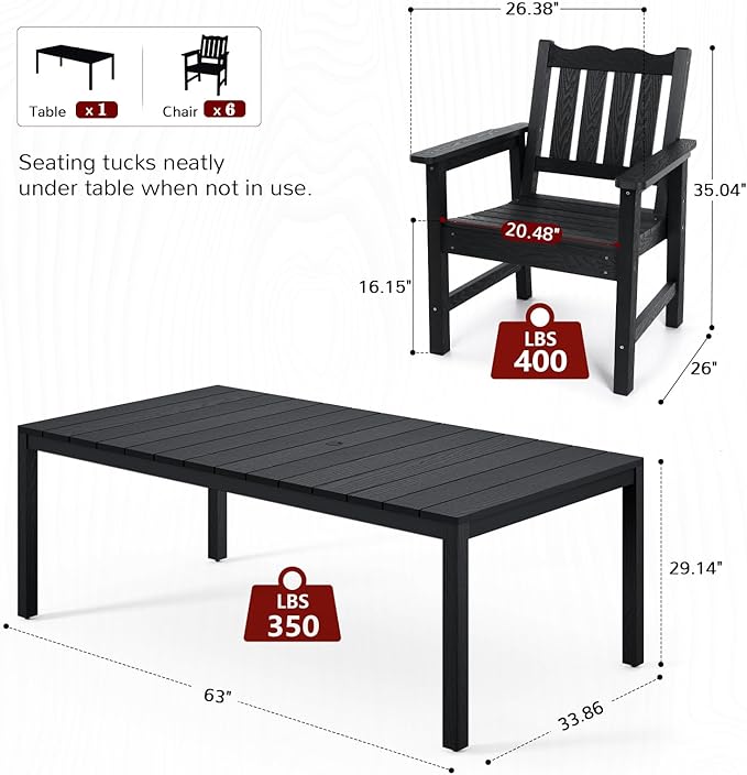 Stoog 7 Pieces Patio Dining Sets, All-Weather HIPS Material & Aluminum Frame Dining Table with 2" Umbrella Hole, Outdoor Dining Table Set for 6, Never Rot or Fade, Black