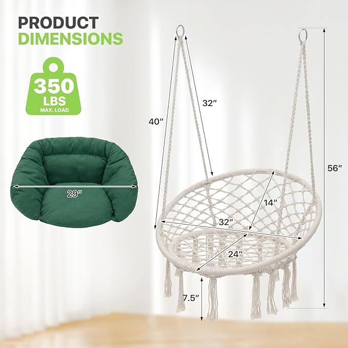 Magshion Hanging Hammock Chair with Comfy Cushion Offer Extra Support, Macrame Swing Chair Porch Hanging Chair, 350 Lbs Capacity, Perfect for Backyard Beach Relaxation and Enjoyment (Green and White