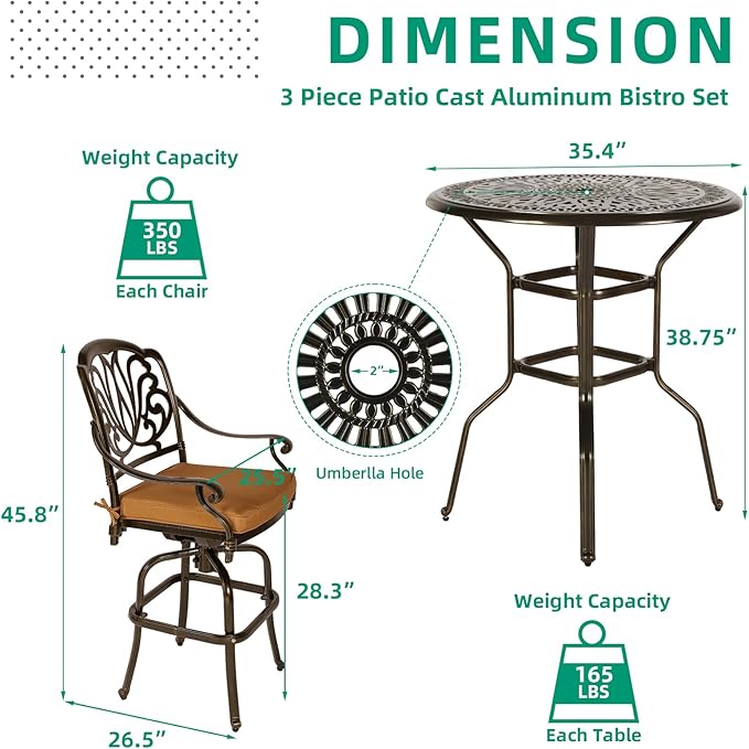 VIVIJASON 5-Piece Patio Swivel Bar Stools Set, All Weather Cast Aluminum Outdoor Bar Height Bistro Set with 4 Cushioned Bar Chairs & 35.4" High Bar Table w/Umbrella Hole for Backyard, Lawn, Garden