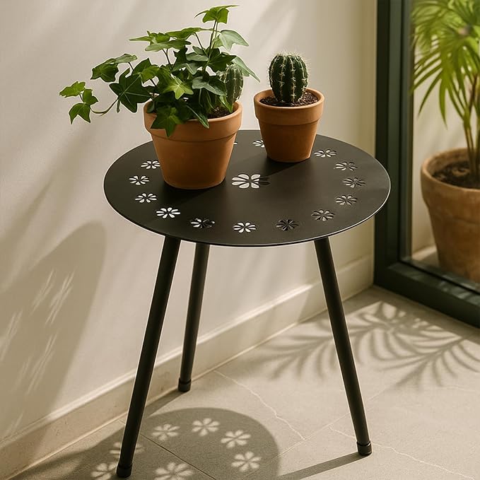 Outdoor Side Table Set of 2 Patio Round Tables for Outside Black End Tables Small Coffee Table End Table Modern Metal Porch Plant Stands for Balcony, Indoor, Bedroom, Living Room, Small Spaces