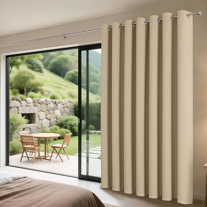 Joydeco Blackout Patio Sliding Door Curtains 84 Inches Long, Grommet Privacy Room Divider Curtains, Extra Wide Thermal Blackout Drapes for Bedroom Living Room (Light Beige, 60Wx84L, 1 Panel)