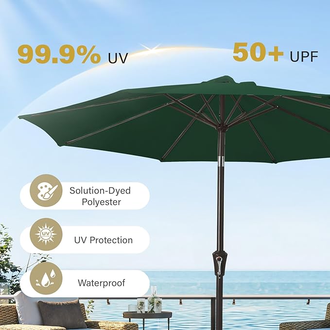 MEWAY 9ft Patio Umbrella Outdoor Table Umbrellas with Push Button Tilt and Crank, Market Umbrella 8 Sturdy Ribs for Deck, Garden, Pool and Backyard, Dark Green
