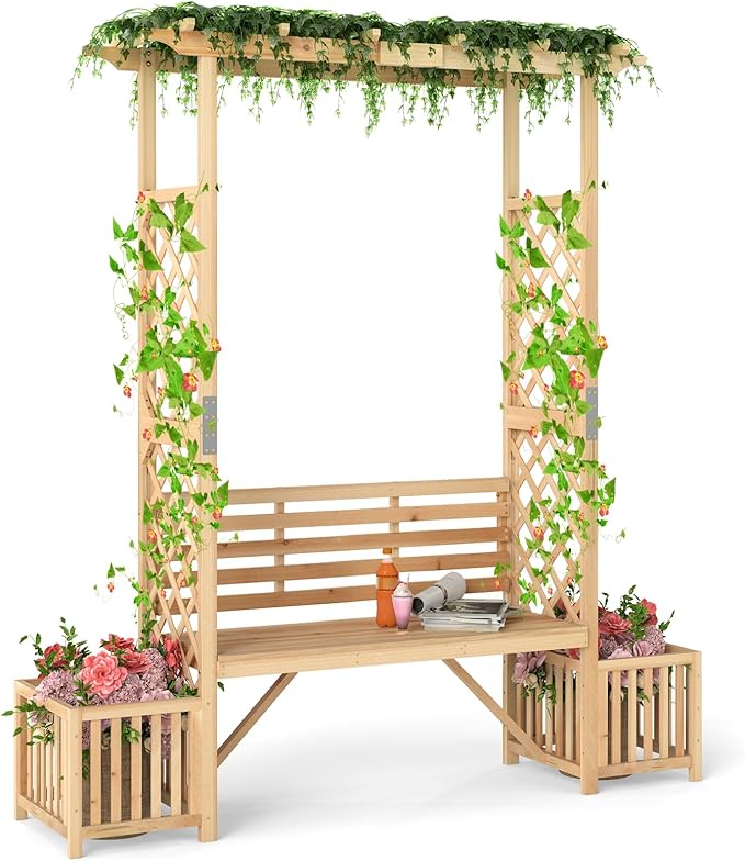 Giantex Outdoor Bench with Garden Arbor & 2 Planter Boxes, Wooden Trellis for Climbing Plants & Vines, Outside Pergola for 2-People Seating, Decoration for Porch, Patio, Yard