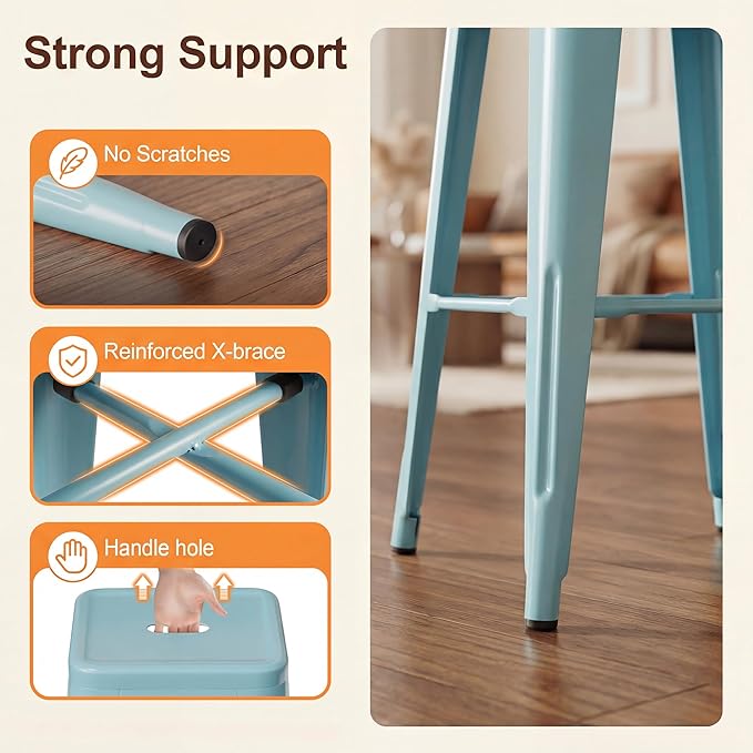 Shahoo 30 Inches Metal Bar Stools Counter Height Stackable Backless Stools, Industrial Patio Stools Indoor Outdoor Metal Kitchen Stools Set of 4 (Blue, 30'')