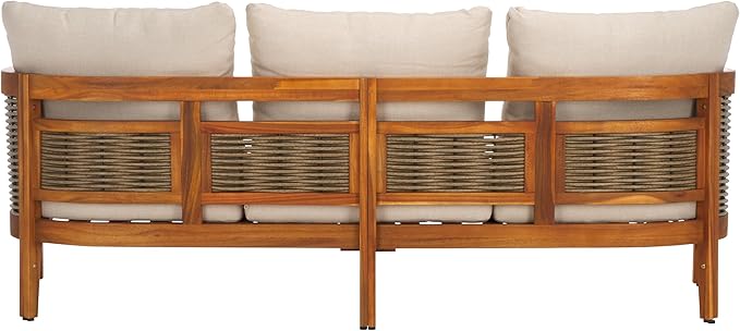 SAFAVIEH Outdoor Collection Amanda Natural Acacia Solid Wood/Taupe Cushion 3-Seater Sofa