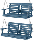 KINGYES Outdoor Hanging Patio Swing Set of 2, 2 Seat Swing Chair with Cup Holders, Waterproof Bench for Courtyard & Garden, 660LBS Weight Capacity, Blue