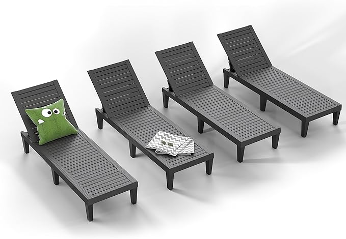 ROJIK Outdoor Chaise Lounge Chair Set of 4,with 5-Position Adjustable Backrest,Waterproof & Lightweight | Durable Indoor/Outdoor Patio Lounger Chair for Garden Pool Beach,Black