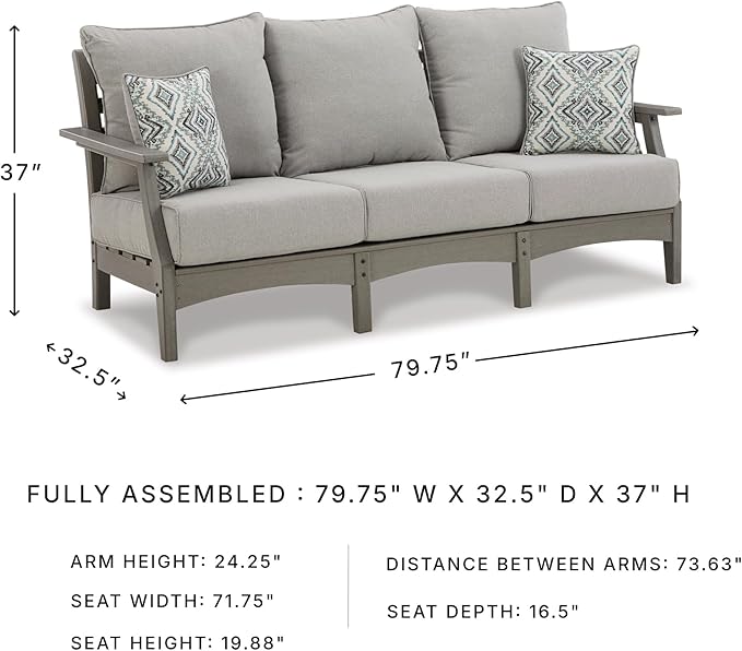 Signature Design by Ashley Visola Outdoor Patio Sofa with All-Weather Cushion and 2 Throw Pillows, Cleanable Performance Fabric, 19.88" Seat Height, Gray