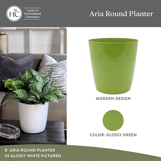 The HC Companies Aria Round Self-Watering Pot - Lightweight Plastic Planter for Herbs & More - Durable Plant Pots for Indoor Plants & Outdoor Plants (10" Glossy Avocado, Pack of 2)