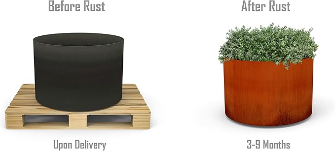 Plantercraft Large Round Planters for Outdoor Plants | 36x30 Inch Extra Large Corten Steel Planters for Front Porch & Patio | Modern Rustic Metal Planter