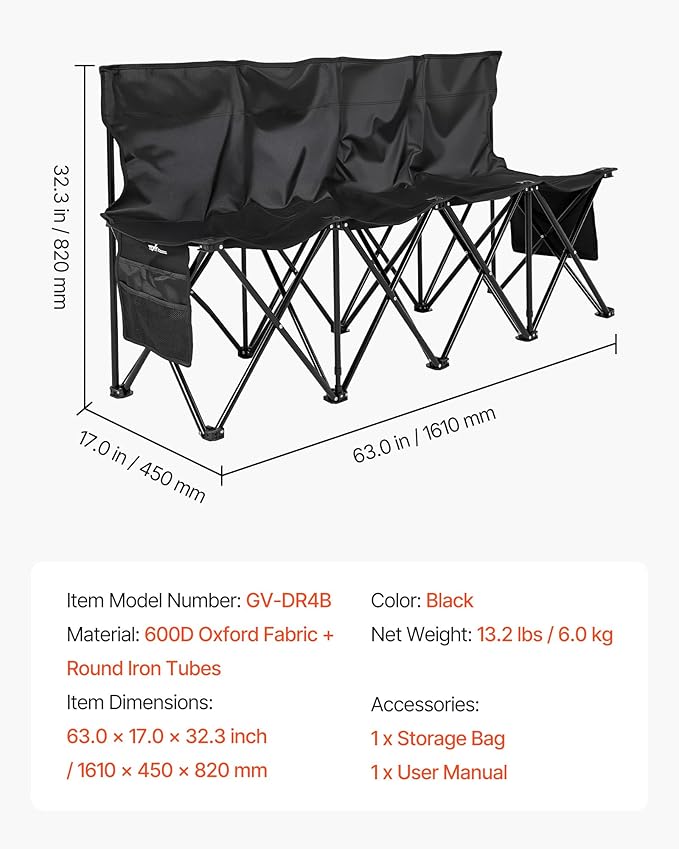 VEVOR Portable Folding Bench, 4 Seat Foldable Soccer Bench with Side Pockets and Carrying Bag, Lightweight Sideline Seating with Back Rest for Football, Baseball, Camping, Outdoor Events, Black