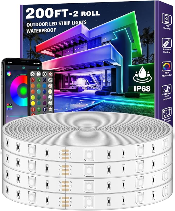 Outdoor LED Strip Lights Waterproof,IP68 Outside Led Light Strips Waterproof with Bluetooth App Remote Control,Music Sync RGB Exterior Led Rope Lights,for Balcony,Deck,Roof,Garden,Pool (200FT Outdoor)