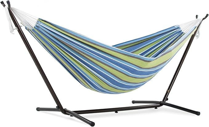 Vivere Double Cotton Hammock with Space Saving Steel Stand, Upgraded Polyester End Strings 450 lb Capacity - Premium Carry Bag Included - USA Grown Cotton (Oasis)
