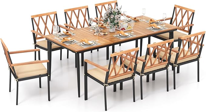Tangkula 9-Piece Patio Dining Set, Outdoor Acacia Wood Dining Table with 1.9" Umbrella Hole& 8 Dining Chairs with Cross Hollow Back and Seat Cushions, for Garden, Porch, Deck, Natural