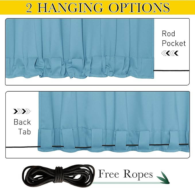 NICETOWN 2 Panels Weighted Blackout Outdoor Curtains for Patio Waterproof, Grommet & Back Tab on top and Bottom Windproof Privacy Thermal Drapes for Cabana with Fixed Rope, W52 x L95, Teal Blue
