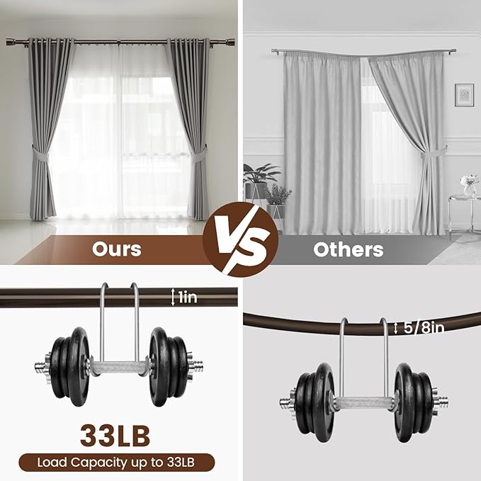 2 PACK 1” Diameter brown curtain rod Itself is 30 to 90 inch. 1 Pack Fits 30-84 inch Windows with Heavy Duty Adjustable brown curtain rods Splicing Metal Extra Long Curtain Rod