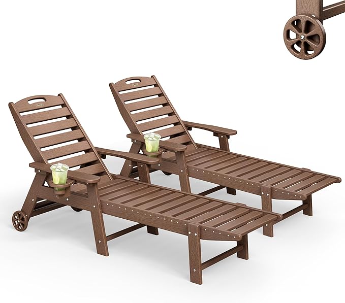 Lounge Chair Outdoor Set of 2, HDPE Chaise Lounge Outdoor with 5-Position & Wheels &Cup Holder, Pool Lounge Chair for Pool Poolside Deck Backyard Patio, Brown