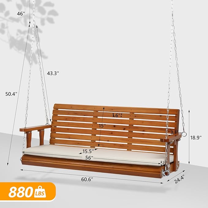 VINGLI 5 FT Outdoor Porch Swing with Frame, Patio Hanging Swing & Stand with Extra Cushions Heavy Duty 880 LBS for Yard, Garden, Pool, Deck, Brown