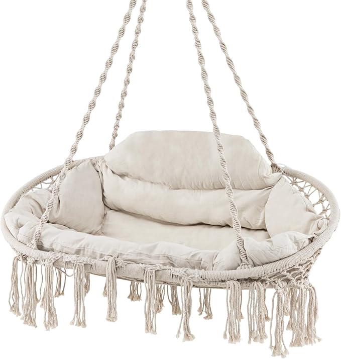 Tangkula 2-Person Hanging Hammock Chair, Boho Style Macrame Hammock Swing with Soft Cushions, Tassels, Indoor Outdoor Cotton Rope Hanging Swing Chair for Bedroom, Porch, Balcony