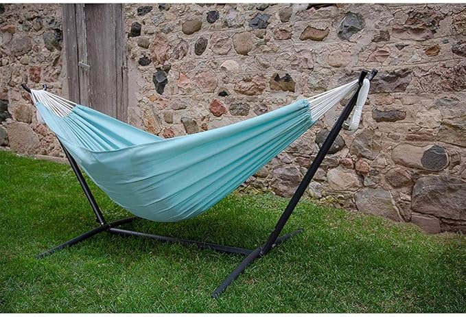 Vivere Double Polyester Hammock with Space Saving Steel Stand and Premium Carry Bag - 450 lb Capacity