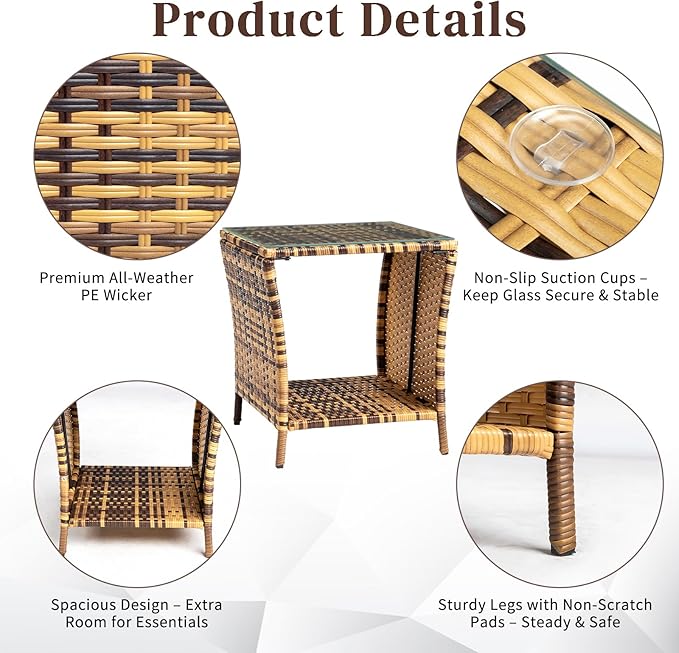 VINGLI Outdoor Wicker Side Table Patio Side Tables for Outside, Tempered Glass Top Wicker Table with Storage End Table for Balcony Porch Deck (Natural)