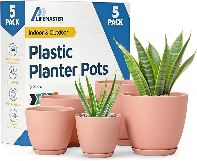 Planter Pots with Drainage Holes - Lightweight, Durable, and Space-Saving Pots for Indoor and Outdoor - Versatile Functionality, Simple Modern Design, Set of 5 Plastic Planter Pots - Pink