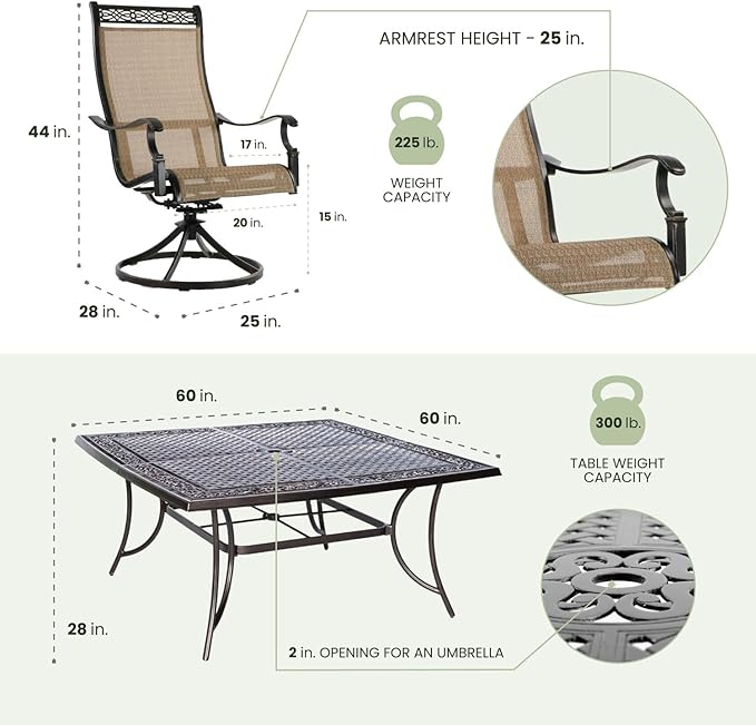 Hanover Manor 9-Piece Outdoor Dining Set with 8 PVC Sling Swivel Rockers and Rust-Resistant Aluminum 60" Square Outdoor Dining Table, Durable and Comfortable Patio Dining Set for 8