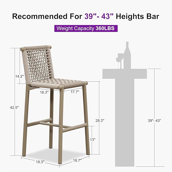PURPLE LEAF Outdoor Bar Stools Set of 4 Aluminum Counter Height Wicker Stool with Back for Backyard Pool Lawn Kitchen Patio Metal Barstool Chairs Champagne