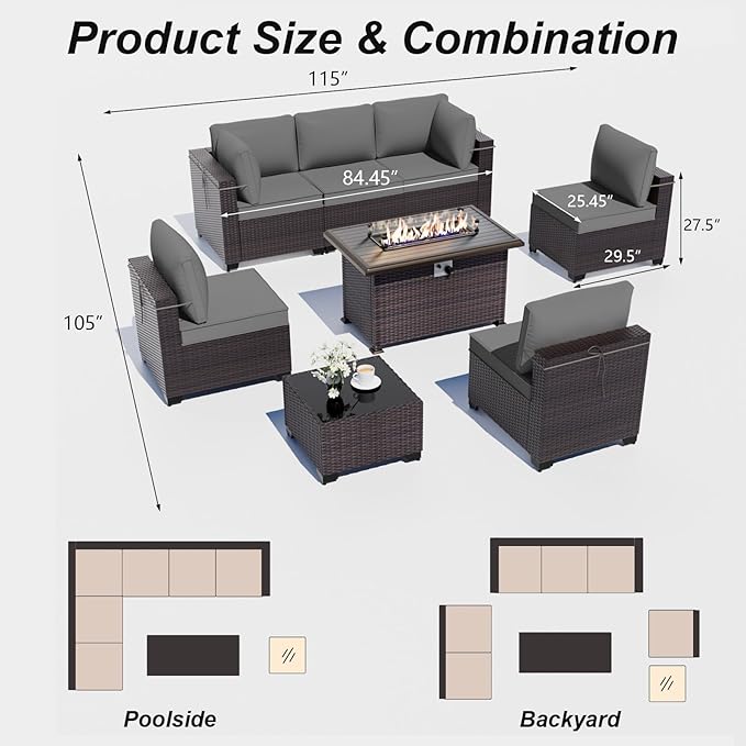 ALAULM Patio Furniture Set with Fire Pit Table 55000 BTU, Outdoor Sectional with Wide Seat and Thick Cushion, 8 Piece Wicker Rattan Conversation Set with Coffee Table for Garden, Deck, Grey