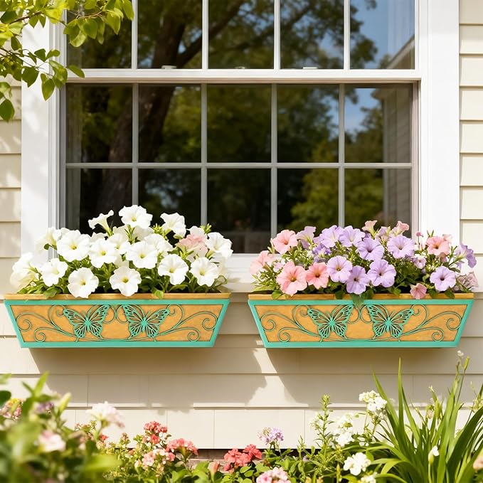 6 Pack 24 Inch Window Boxes Planter Railing Planters Box with Adjustable Brackets for Porch Deck Balcony Hanging Butterfly Decorative Flower Baskets & Non-Woven Fabric Liner for Outdoor Plants - Green