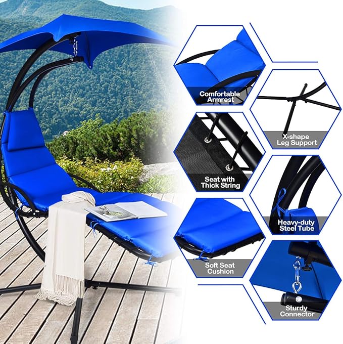 Giantex Hanging Chaise Lounger Chair, Arc Stand Porch Swing Chair w/Canopy, Cushion Built-in Pillow, Outdoor Freestanding Swing Hammock Chair for Patio Poolside Backyard Garden (Navy)