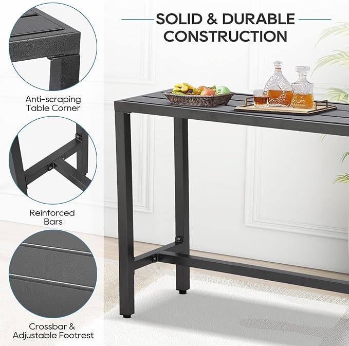 Outdoor Bar Table, Patio Console Pub Height Tables with Powder Coated Steel Frame, Weather Resistant Waterproof Top for Hot Tub, Balcony, Garden, Yard, Poolside (Grey, 55" Bar Table)