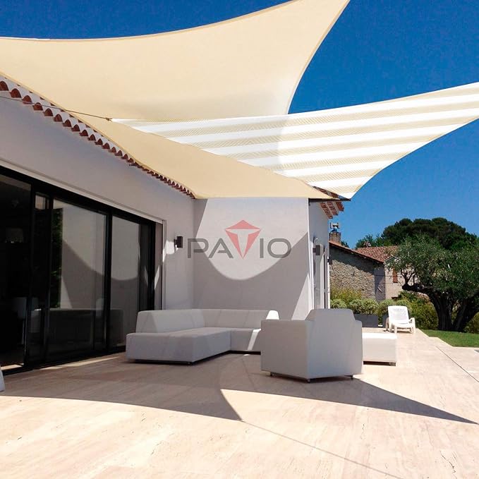 Patio Paradise 4' x 4' x 4' Sun Shade Sail Triangle Canopy Shade Cloth Fabric Sunlight Block Patio Pergola Cover HDPE Deck Awning for Outdoor Backyard Roof Shading, Beige White Strip