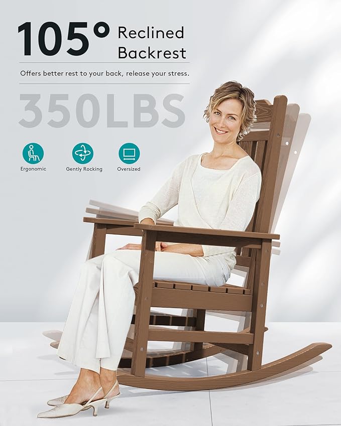 SERWALL Outdoor Rocking Chair Brown Set of 8, All Weather Patio Rocking Chair, HDPE Poly Rocking Chair for Adults, Heavy Duty Front Porch Rocker