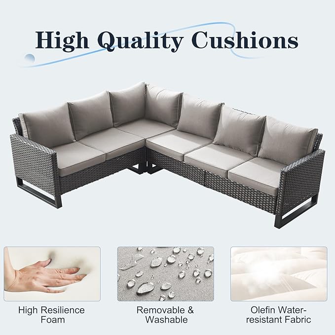 Belord Outdoor Sectional Sofa 6 Seater L Shaped Couch Wicker Patio Conversation Furniture Set Rattan Outdoor Furniture with Removable Washable Cushion, Brown/Grey